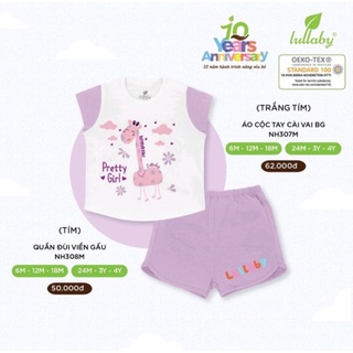 Bộ cộc tay cài vai bé gái Lullaby NH308M cotton thoáng mát
