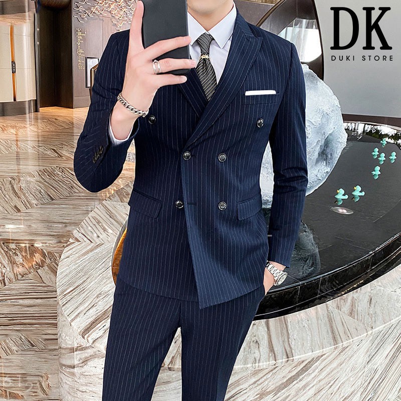 Bộ vest nam 6 cúc Hàn Quốc kẻ sọc xanh đen đẹp - DUKI STORE