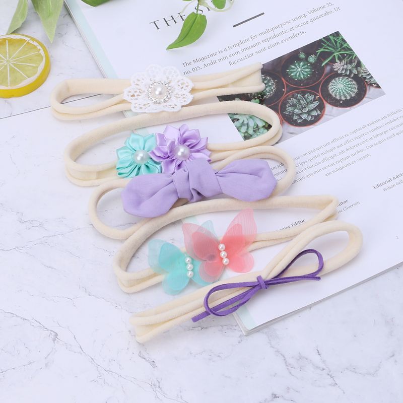 Set 5 băng đô Handmade nơ và hoa co giãn mềm mại cho bé gái