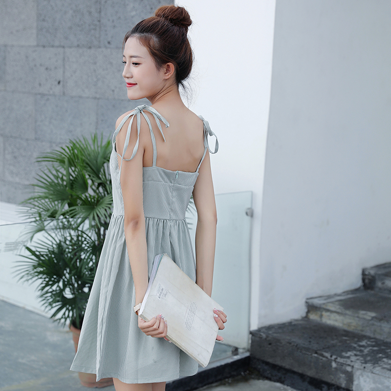 SUXI Đầm Hai Dây Dáng Chữ A Họa Tiết Caro Màu Sắc Ngọt Ngào Phong Cách Hàn Quốc