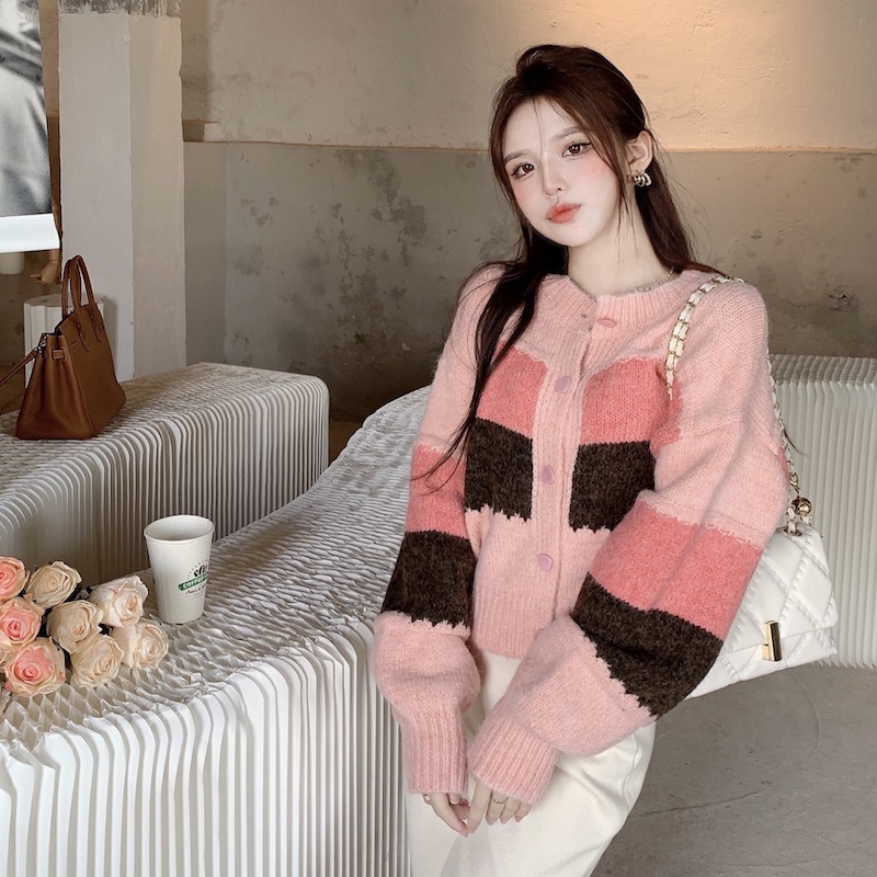 Áo khoác cardigan dệt kim dáng rộng ngắn phối màu phong cách retro thời trang Nhật Bản