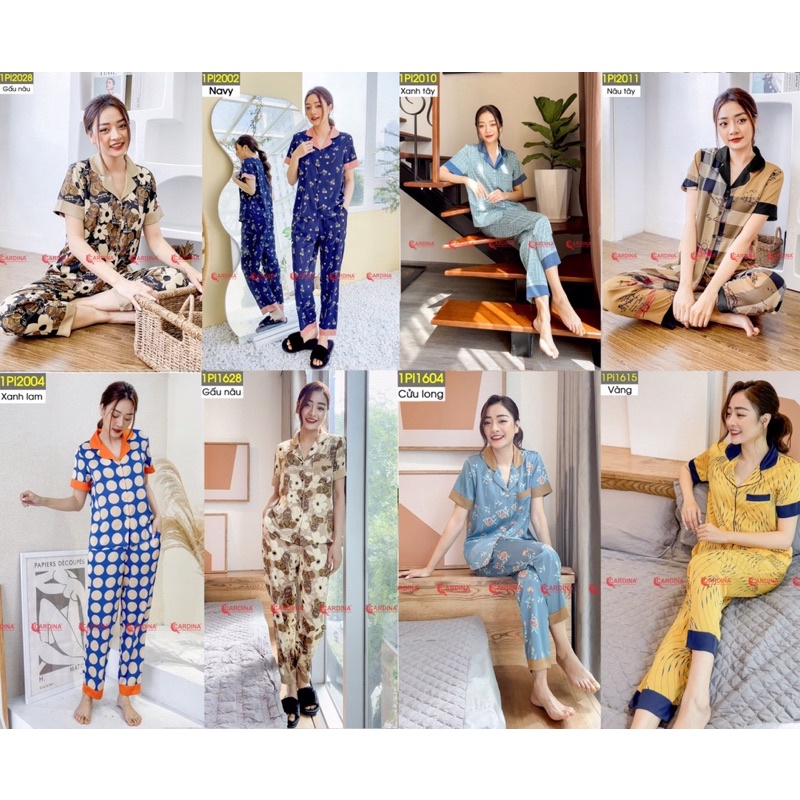 Bộ PIJAMA LỤA TAY CỘC HỌA TIẾT cao cấp CARDINA. Chất liệu Lụa satin Nhật co giãn nhẹ