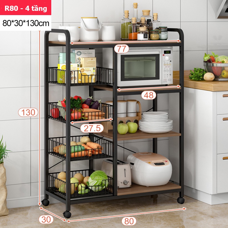 Kệ để lò vi sóng 3,4,5 tầng khung thép sơn tĩnh điện, kệ bếp đa năng chứa gia vị rau củ có bánh xe di chuyển thông minh