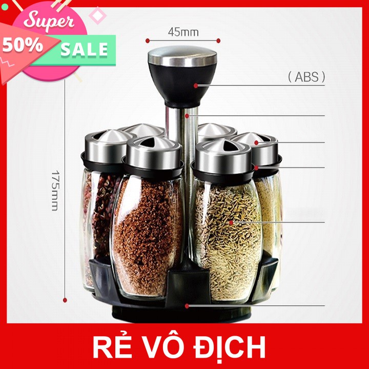 Kệ Gia Vị-9207-Hộp Đựng Gia Vị 6 Lọ Thủy Tinh Cao Cấp