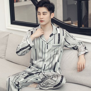 Đồ ngủ nam 100% silk dài tay nữ mùa hè ice silk suit size lớn trẻ trung và trung niên Dịch vụ tại nhà giả lụa