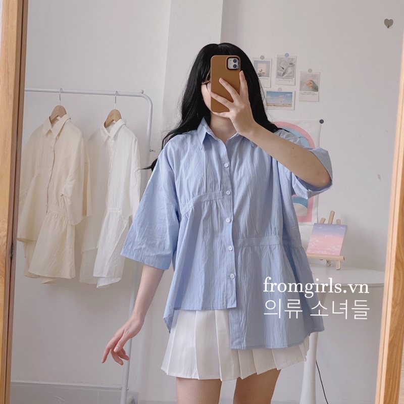 Sơ mi vạt lệch, sơ mi nữ tay lỡ dáng rộng đuôi tôm có túi ngực ulzzang có