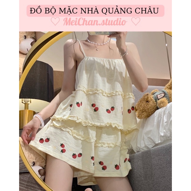 Đồ Ngủ- Set Bộ Cộc Trái Dâu 2 dây Phối Viền Bèo Quảng Châu