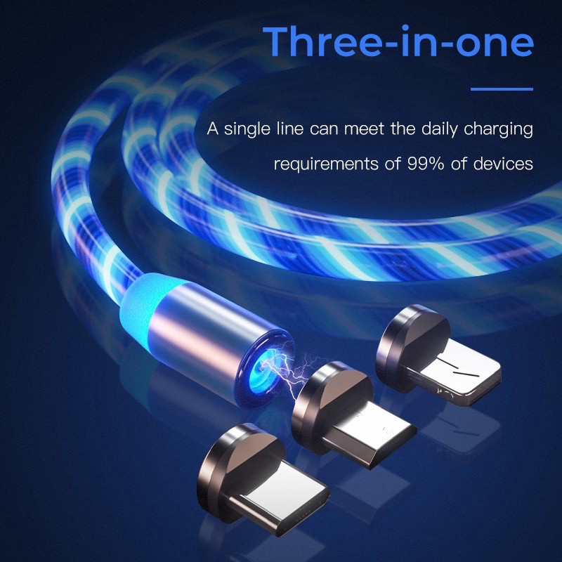 Dây Cáp Sạc Nhanh Nam Châm 1m 3 Trong 1 Đầu Micro Usb / Type-C Có Đèn Led Cho Iphone Huawei Xiaomi Vivo Oppo