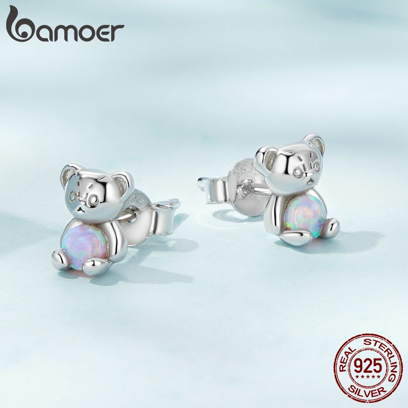 Khuyên tai BAMOER S925 hình gấu đính ngọc mắt mèo