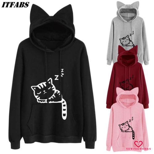 Áo hoodie tay dài thiết kế mũ tai mèo đáng yêu dành cho nữ