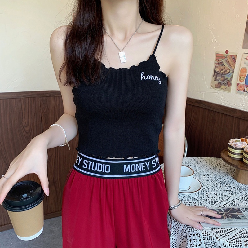 Xiangbao Áo Croptop Dệt Kim Hai Dây Ôm Dáng Thêu Chữ Phong Cách Pháp Mùa Hè Cho Nữ