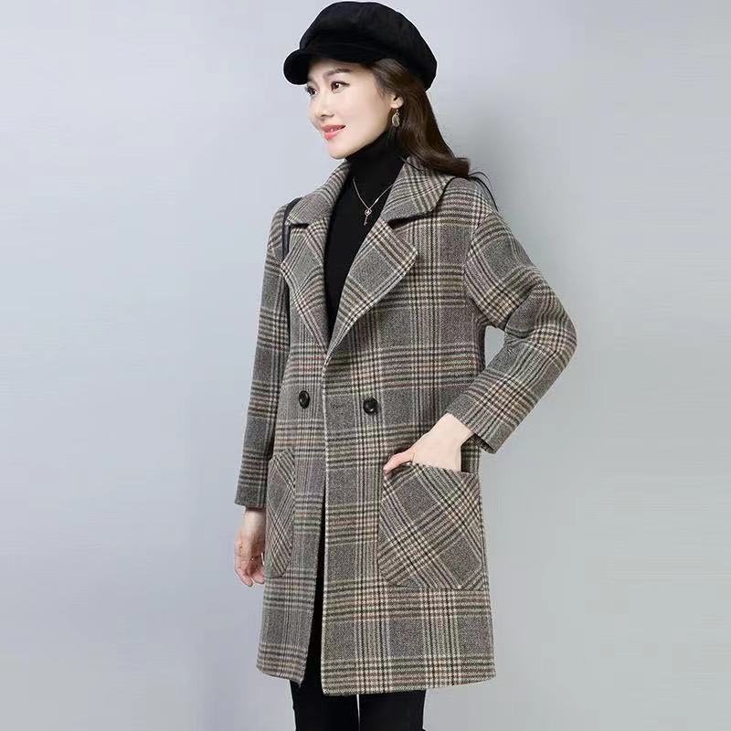 Khoác vest dáng dài vải dạ họa tiết ca rô màu sắc tối giản, thời trang mùa đông