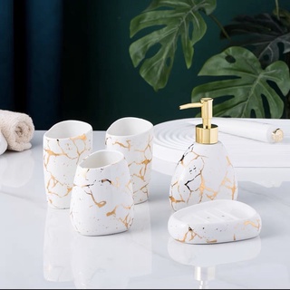 Bộ cốc sứ dùng cho phòng tắm, cốc đánh răng, lọ đựng kèm khay