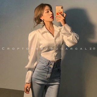 [HÀNGÁo croptop sơ mi thắt nơ lưng mở khuy cúc chất lụa - by SugarG