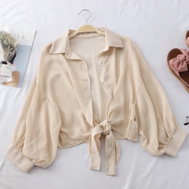 Sơ mi voan đũi mỏng croptop tay phồng thắt dây eo chất mát