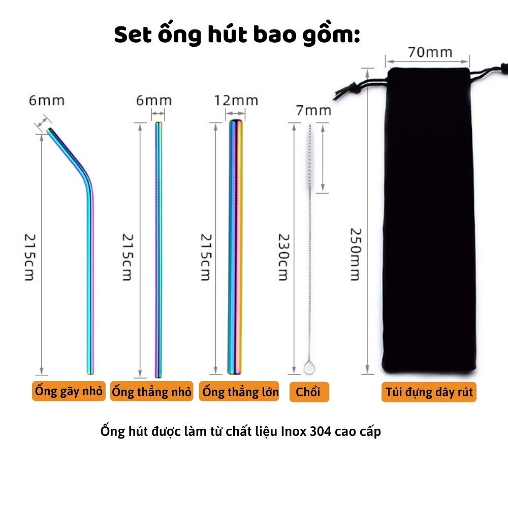 Set 3 Ống Hút Inox 304  Tặng kèm chổi và túi đựng dây rút, an toàn, tiết kiệm, thân thiện với môi trường