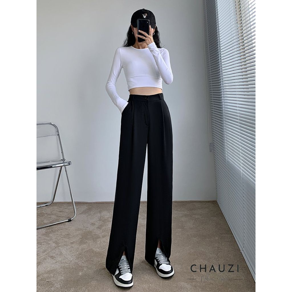Quần Ống Rộng Nữ CHAUZI quần vải cạp cao form rộng culottes điểm nhấn sẻ gấu cực xinh thời trang cao cấp Hàn Quốc