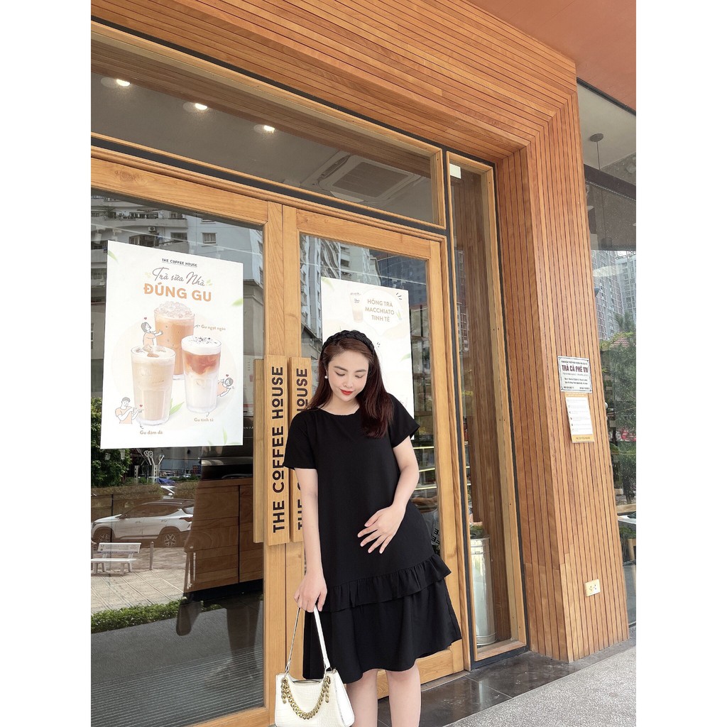 Váy bầu bigsize - Đầm bầu thiết kế GuMe 2 màu xan, đen dáng suông bèo tầng chất vải chéo hàn size từ 40-100kg MB234