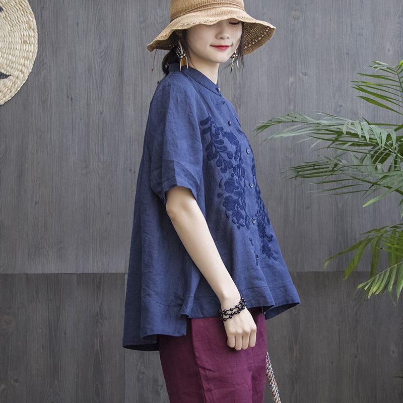 Áo Sơ Mi Cotton Cổ Đứng Tay Ngắn Dáng Rộng Thêu Họa Tiết Xinh Xắn Thời Trang Cho Nữ