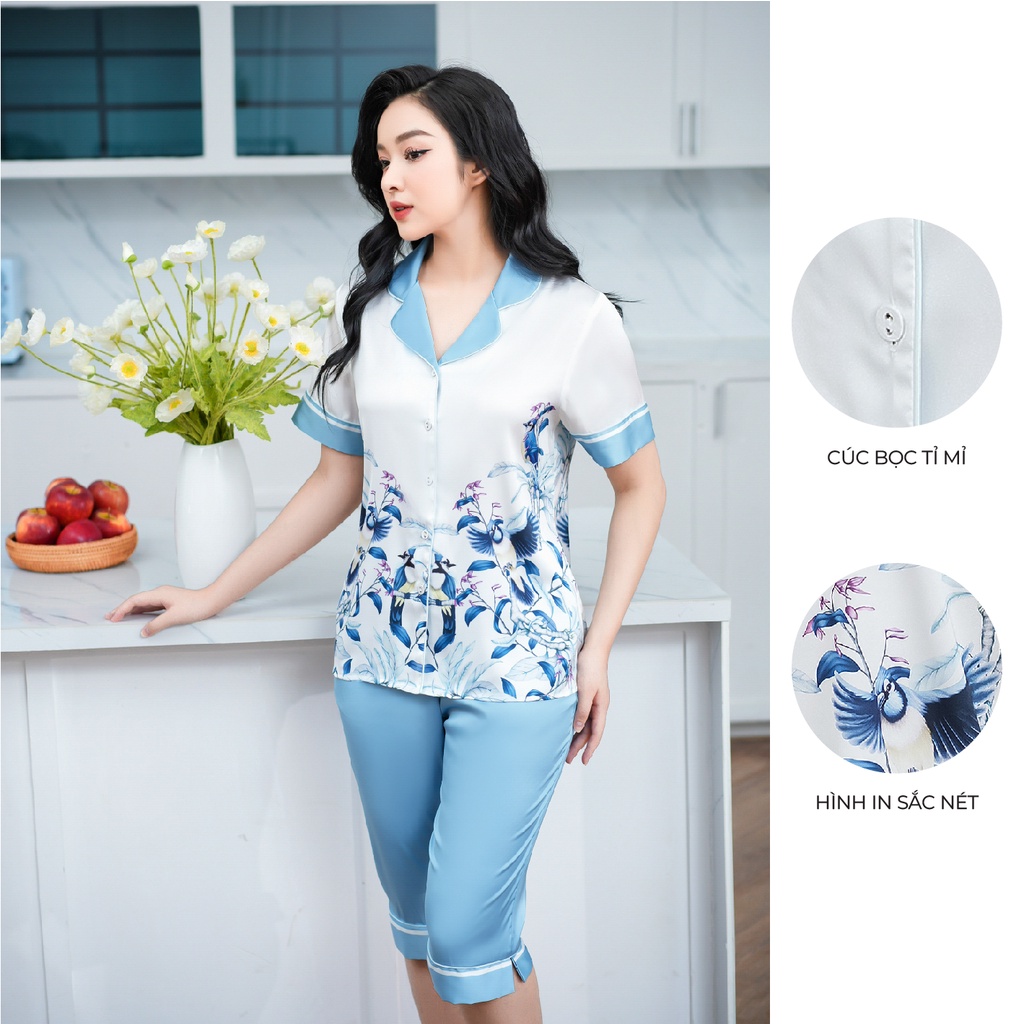 Bộ ngủ satin ZAM Luxury - SLA75 - áo ngắn tay quần lửng hoạ tiết