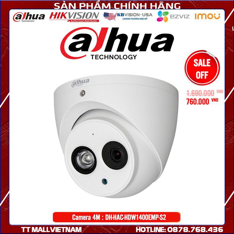 Camera Dome 4MP HDCVI Dahua HAC-HDW1400EMP-S2- Bảo hành chính hãng 2 năm