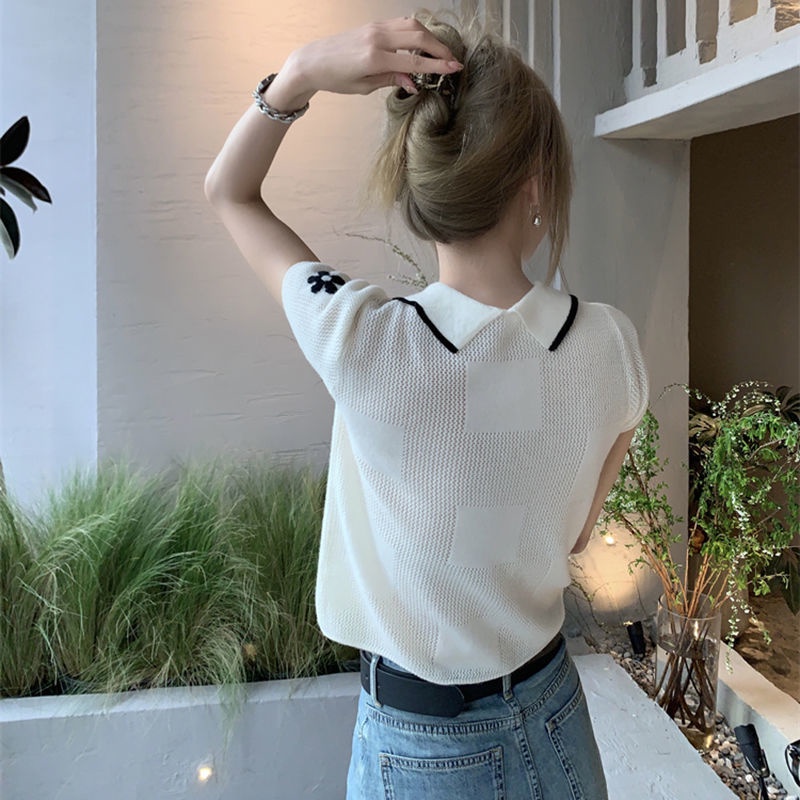 Áo Polo Dệt Kim Mỏng Tay Ngắn Thêu Hoa Khoét Lỗ Phong Cách Phương Tây Cho Nữ  tao bao