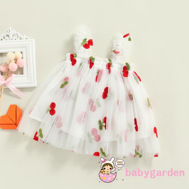 Babygarden-đầm Xòe Công Chúa Hai Dây Không Tay Thêu Hình Hoa Cúc / Trái Cây Mùa Hè Đơn Giản Cho Bé Gái