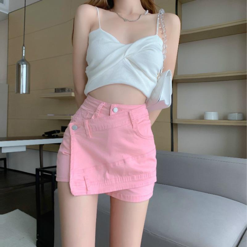 Jiashucheng Quần Short Jean Lưng Cao Dáng Ôm Không Đồng Đều Màu Hồng Phong Cách Mới Mùa Hè Cho Nữ