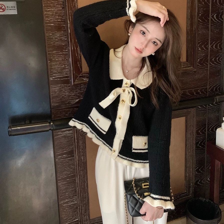 Áo Khoác Cardigan Dệt Kim Phối Nơ Màu Sắc Tương Phản Xinh Xắn Cho Nữ  tao bao