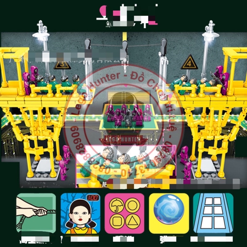 Nonlego MG Squid game combo 8 mô hình lắp ráp nhân vật kèm 1 sàn đấu kéo co Trò chơi con mực