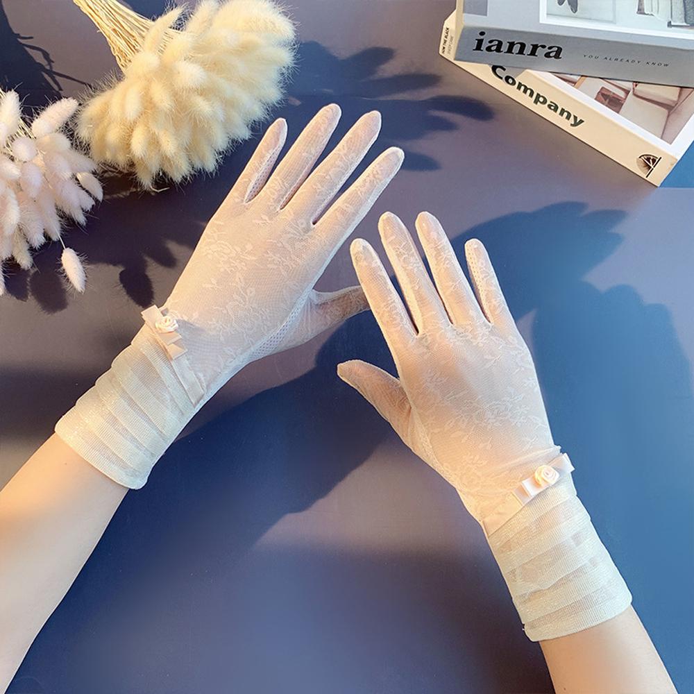 Găng Tay Lái Xe Bằng Lụa Lạnh Mỏng Thoáng Khí Chống Nắng Tia UV Đính Nơ Hoa