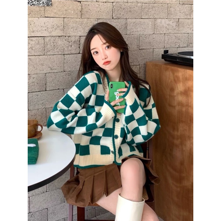 Áo khoác len cardigan nữ quảng châu phối caro đen trắng họa tiết dễ thương min.strore365