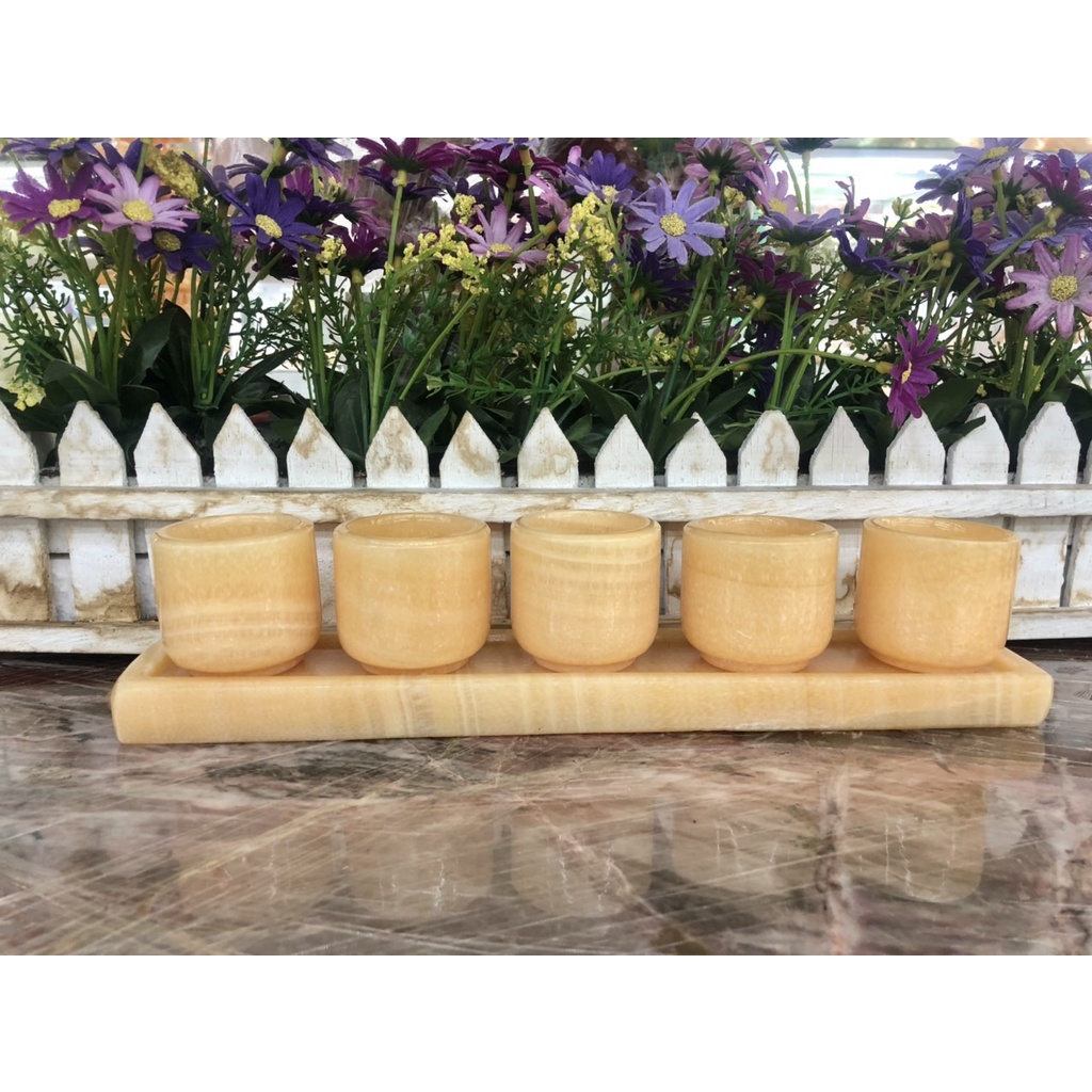 Bộ 5 chung nước, ly nước thờ cúng để bàn thờ ông thần tài thổ địa đá ngọc hoàng long