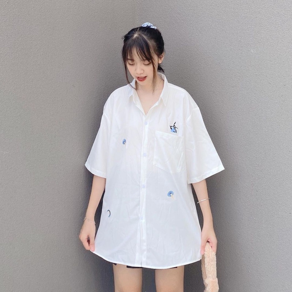 Áo Sơ Mi Tay Lỡ BORI Form Rộng Thêu Họa Tiết Vải Kate Hàn Phong Cách Ulzzang