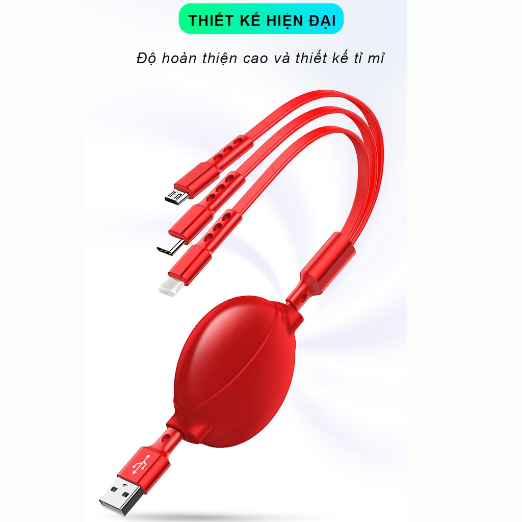 Dây sạc 3 đầu SIDOTECH 3 trong 1 cổng Lighting/Type C/Micro USB dây rút sạc nhanh cho Iphone Samsung - Hàng Chính Hãng