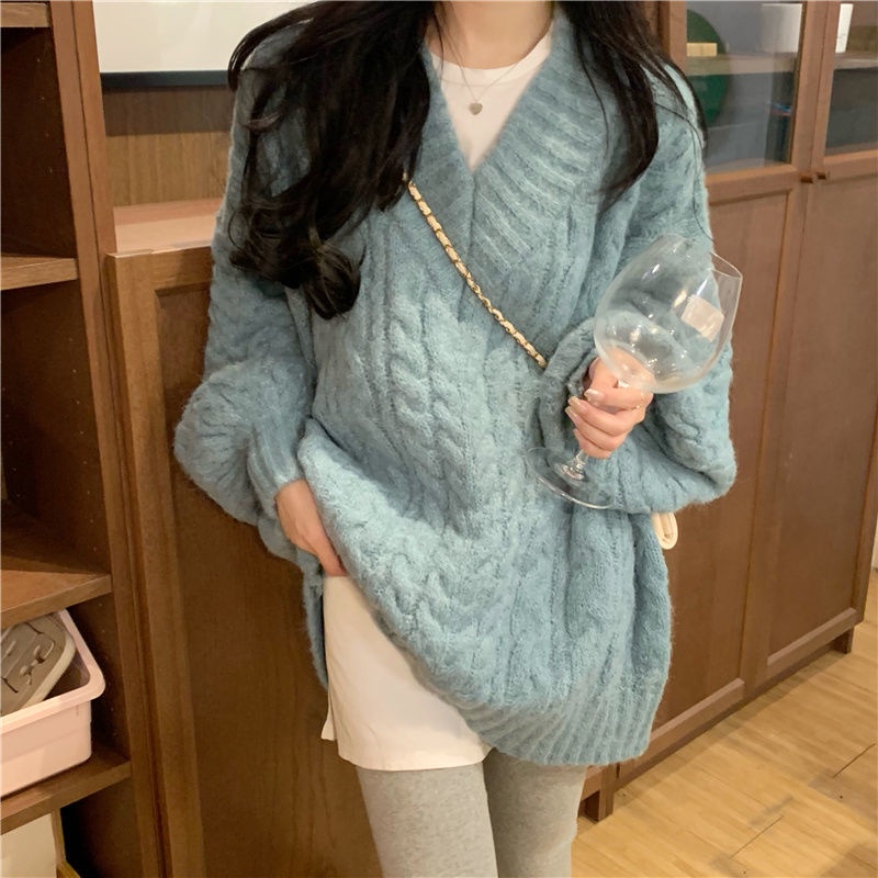 Áo Sweater Dệt Kim Cổ Chữ V Dáng Rộng Phong Cách Hàn Quốc Thời Trang Mùa Đông Cho Nữ