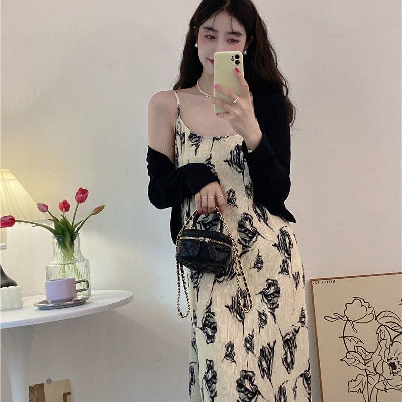 COZOK Bộ Đầm Hoa + Áo Khoác cardigan Dài Tay Xinh Xắn Dành Cho Nữ