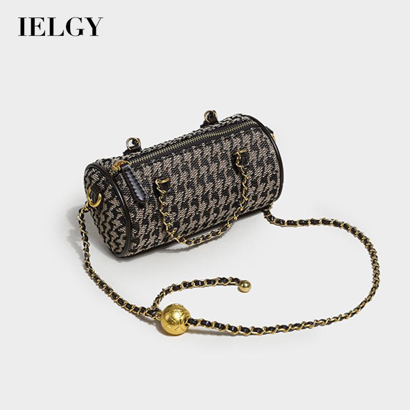 Túi đeo chéo IELGY hình trụ in sọc caro phối dây xích sành điệu