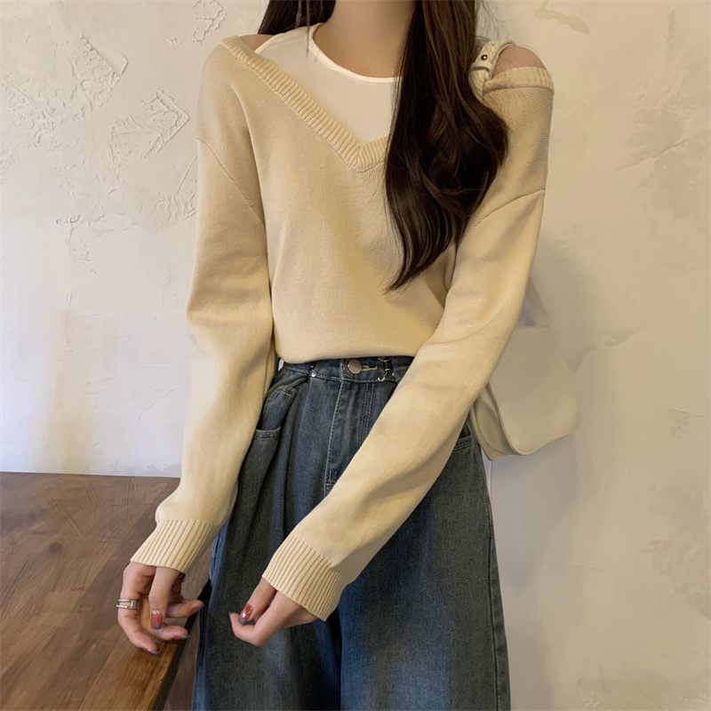 ZHELIHANGFEI Áo Sweater Tay Dài Cổ Chữ V Lưng Cao Giả Hai Lớp Cá Tính Thời