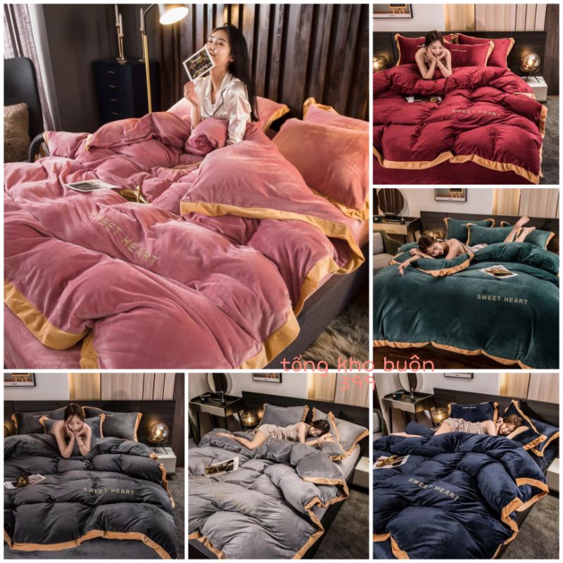💥 set  chăn ga gối 4 món nỉ nhung sweet heart nhập khẩu, chăn ga gối nệm, ga trải giường, vỏ gối