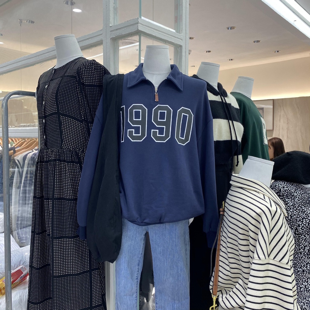 Áo Nỉ Sweater 1990 Form Rộng Cổ khóa Unisex Nam Nữ Màu Xanh Ulzzang AVALA