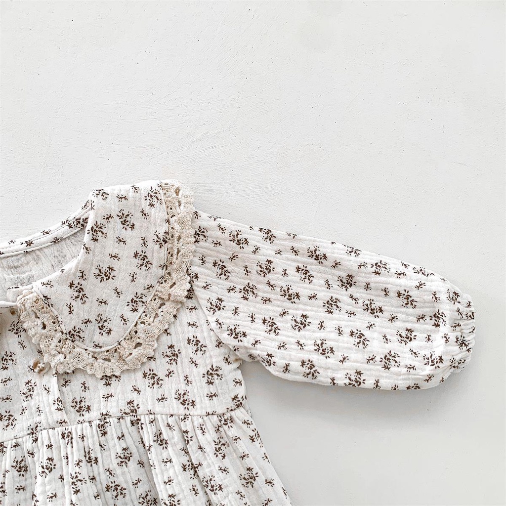 Bộ Áo Liền Quần Tay Dài Cổ Búp Bê + Mũ Vải Cotton In Hoa Xinh Xắn Cho Bé Gái Từ 0-2 Tuổi