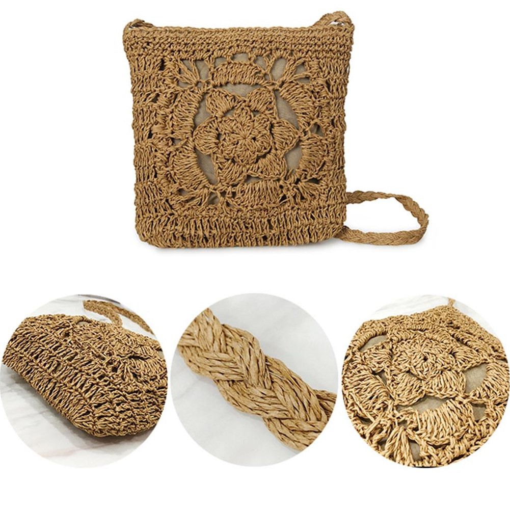 Túi xách bằng rơm vuông họa tiết hoa xinh xắn