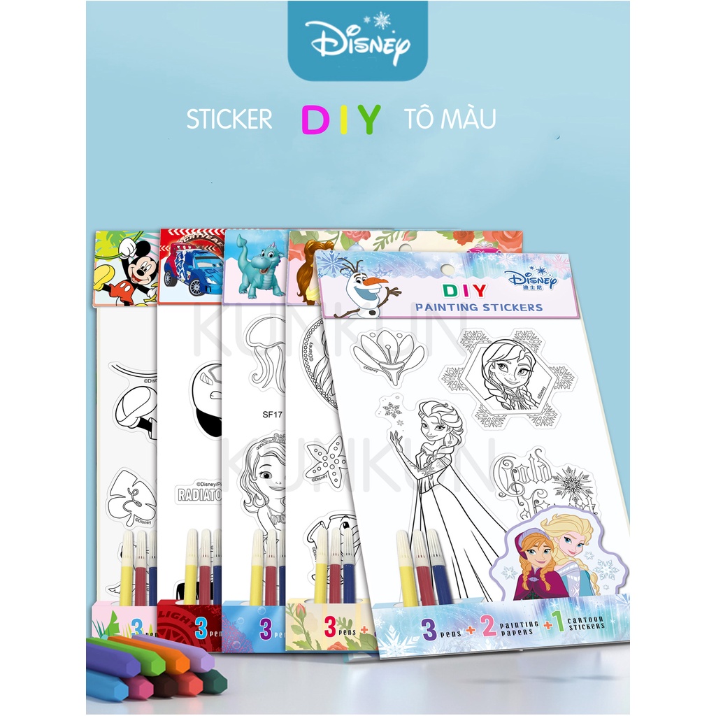 Sticker tô màu thủ công chủ đề hoạt hình cho bé - tặng kèm bút lông