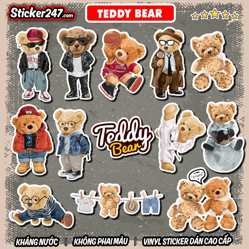 Sticker Teddy Bear Gấu Cute 𝑭𝒓𝒆𝒆𝒔𝒉𝒊𝒑 Sticker Dán Mũ Bảo Hiểm, Dán Vali, Đàn Guitar - Hình Dán Chống Thấm Nước