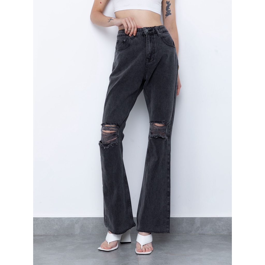 Quần Jean Nữ Flare Ripped Dark Grey , Chất Jean Dày Dặn , WQJ000031,SOMEHOW