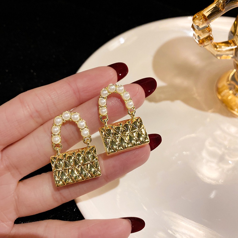 Bông Tai Mạ Bạc 925 Hình Túi Xách Đính Ngọc Trai Thời Trang Dành Cho Nữ