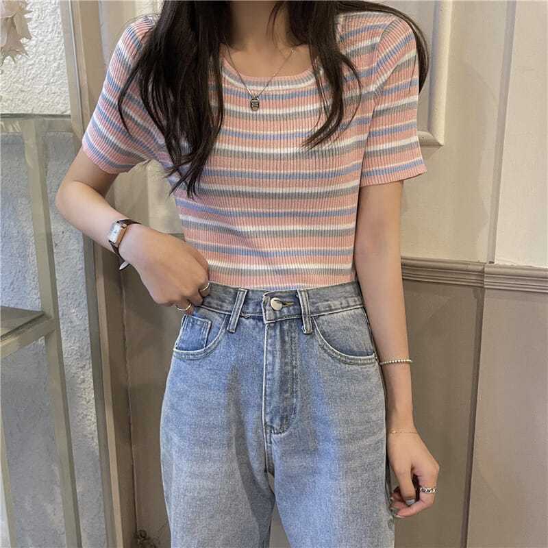 Áo Thun Sweater Tay Ngắn Kẻ Sọc Thời Trang Mùa Hè 2022 Cho Nữ