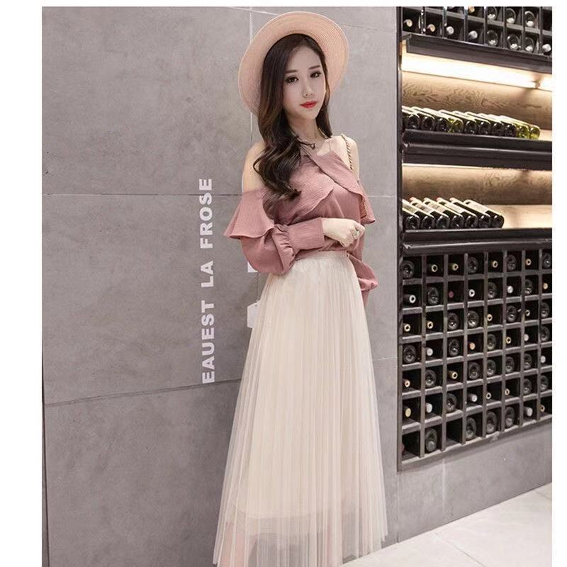 Chân Váy Lưới Dáng Chữ A Dài Lưng Cao Xếp Ly Thời Trang Bốn Mùa Cho Nữ