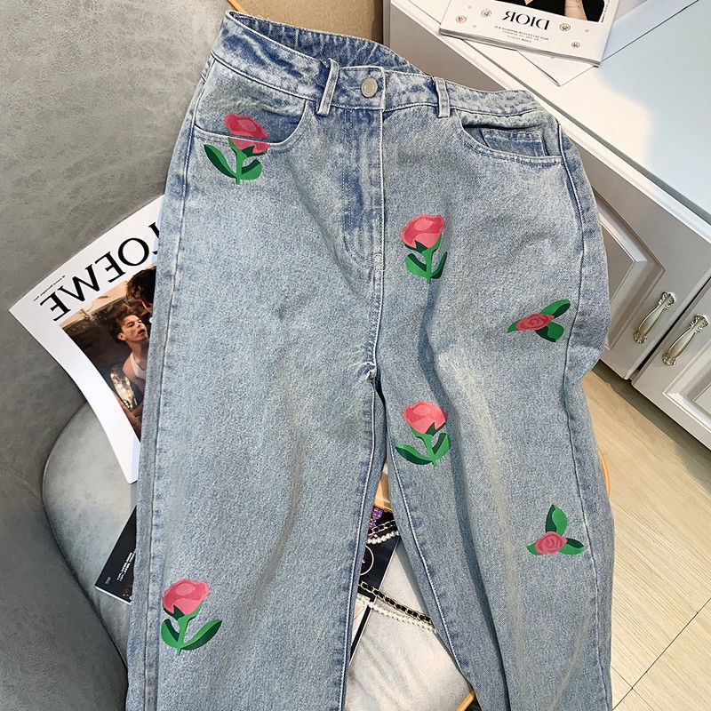 Quần Jean Ống Suông Họa Tiết Hoa Hồng Nhỏ Phong Cách Nhật Bản Thời Trang Cho Nữ 2022